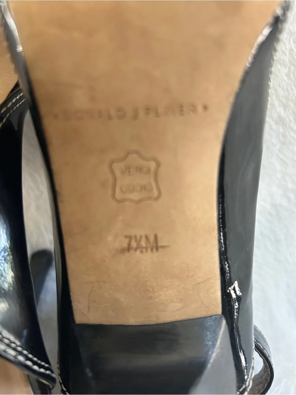 Donald J. Pliner Black Patent and Fabric Slingback Heels